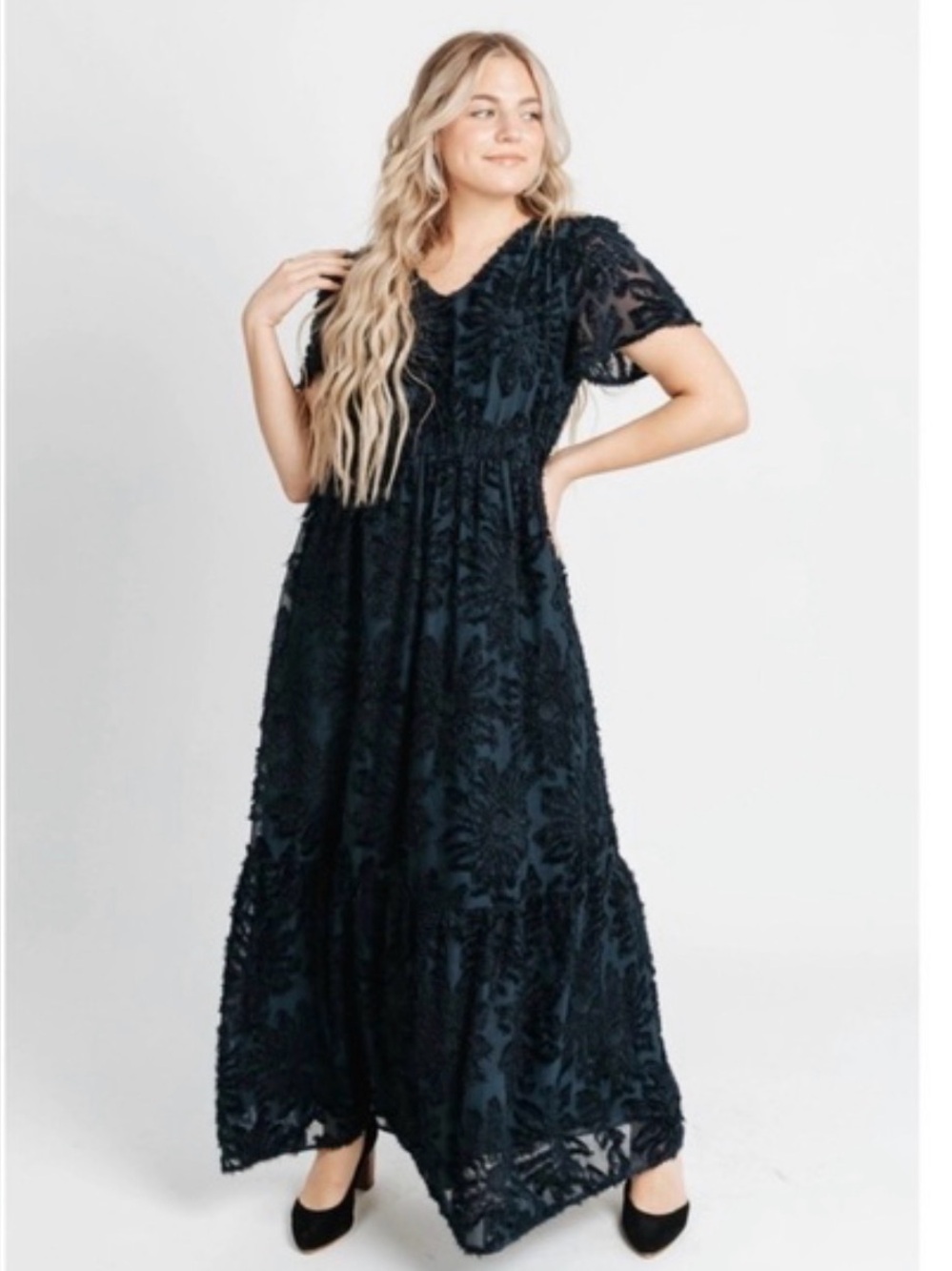 Navy Blue Floral Textured Maxi Dress